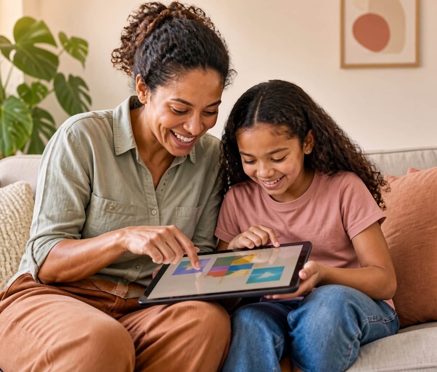 Parent and child building a game on tablet